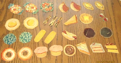 SET OF 31 VINTAGE PRETEND CARDBOARD PLAY FOODS PRIMITIVE 1950 ERA EDUCATIONAL - Image 1 of 4