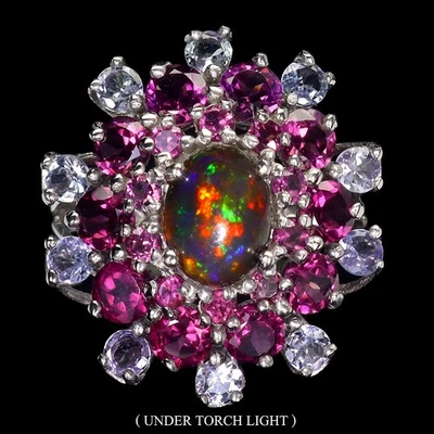 Anillo de plata de ley 925 ovalado ópalo negro tanzanita piedras preciosas naturales tamaño de joyería Foto 1 de 4