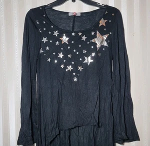 Urvana Women Sz L Star Shirt Asymmetrical Hem Bell Sleeve HiLo Witchy Whimsigoth - Picture 1 of 6