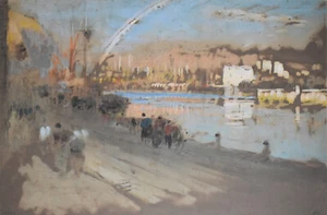 ALBERT GOODWIN-British Luminist-Original Signed WC/Mixed Media-Dover Embankment - Picture 1 of 9