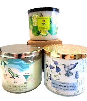 Bath Body Works 3 Wick Candles 3 Pack Sunny Lime Fresh Spring Morning Kiwi Star - Image 1 of 4
