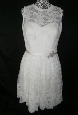 Forever Yours Wedding Short Dress 10 Ivory Lace Illusion Satin Belt Crystal Pin - Image 1 of 4
