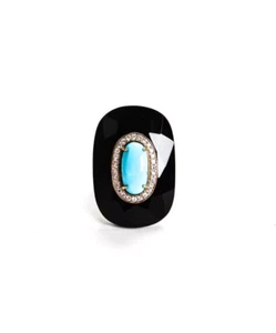 Rarities Gold Plated Sterling Silver Black Onyx Turquoise Art Deco Ring Size 8 - Picture 1 of 5