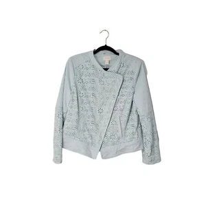 Chico's Women's Biker Jacket Color Light Blue Laser cut details Sz 1 - Picture 1 of 8