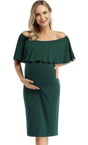 Coolmee Women's Off-Shoulder Sheath Midi Dress GREEN SMALL Baby Maternity Knee - Picture 1 of 13