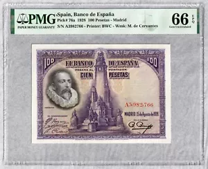 1928 Spain 100 Pesetas, PMG UNC 66 EPQ - Picture 1 of 2