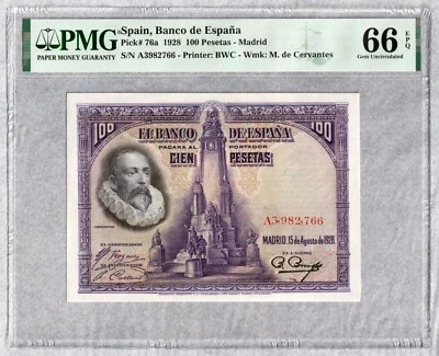 1928 Spain 100 Pesetas, PMG UNC 66 EPQ - Image 1 of 2