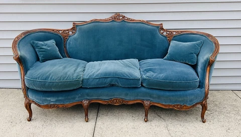 Antique Victorian Carved Walnut Or Mahogany Sofa Couch Teal Upholstery Cover
