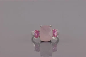 Anillo de plata esterlina facetado rosa calcedonia ovalado acentuado banda 925 talla: 5 - Imagen 1 de 8