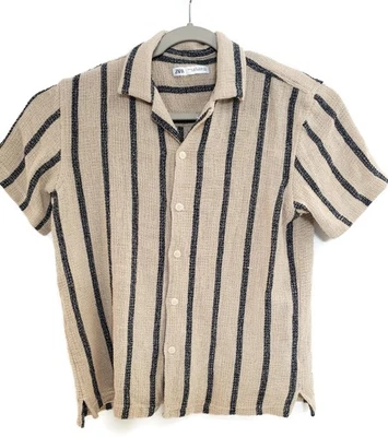 Zara Shirt Mens Medium Beige Black Striped Short Sleeve Button Camp Collar Woven - Image 1 of 4