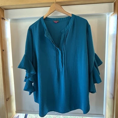 Vince Camuto Womens Plus 3x Ruffle Short Sleeve Pleat Front Blouse Top Teal Blue - Image 1 of 4