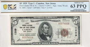 1929 $5 Dollars Ty.1 First Camden NB & Trust Co. New Jersey A097400A PCGS 63 PPQ - Picture 1 of 4