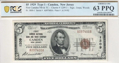 1929 $5 Dollars Ty.1 First Camden NB & Trust Co. New Jersey A097400A PCGS 63 PPQ - Image 1 of 4