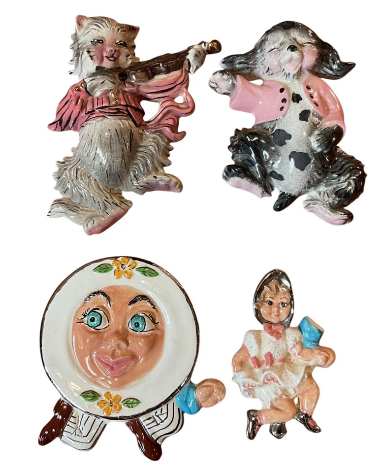 Vtg Hand-Painted Hey Diddle Diddle Wall Plaque Chalkware Nursery Rhymes Lot of 4 - Image 1 of 4