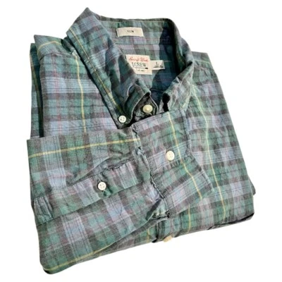 JCrew Hombre Talla Camisa L Manga Larga Verde Azul A Cuadros Ajustada Secreta Lavada Algodón Foto 1 de 4