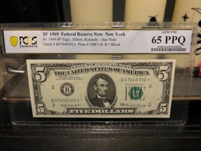 1969 $5 dollar FRN NEW YORK STAR NOTE Fr. 1969-B* PCGS 65 PPQ GEM 💎 UNCIR - Image 1 of 4