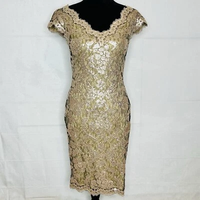 Tadashi Shoji Champagne Lace Cap-Sleeve Sequin Evening Cocktail Dress Size 2 - Image 1 of 4