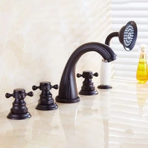 Black Brass 5 Hole Deck Mount Bathroom Roman Tub Faucet with Hand Shower Set - Picture 1 of 9
