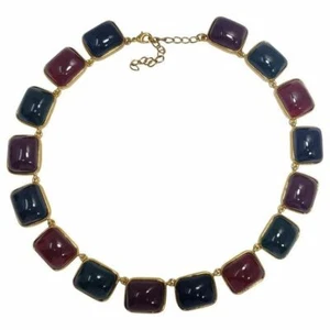 Collana Kenneth Jay Lane KJL Multicolore Gelatina Cabochon Lunetta Oro Link - Foto 1 di 4