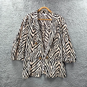 Rockmans Womens Jacket Size 12 Black Beige Animal Print 3/4 Sleeve Open Front - Picture 1 of 14