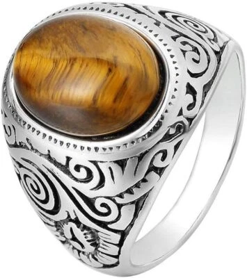 Anillo de piedra ojo de tigre turquesa azul ónix negro ovalado de acero inoxidable para hombre EE. UU. 7-13 Foto 1 de 4