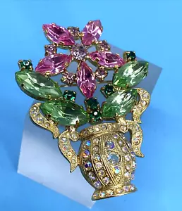 Suzanne Bjontegard Signed/Aurora Borealis AB/Flower Vase/Gold-Tone Brooch/VTG - Picture 1 of 14