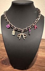 New Betsey Johnson Black Ribbon With Lip, Bow And Shoe Charms Gold Tone Neckalce