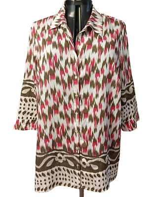 Nouvelle Woman Size 20 White Pink Brown Geometric 3/4 Slv Button Front Tunic Top - Image 1 of 4