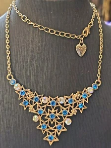 BETSEY JOHNSON AB Aurora Borealis Crystals & Blue Rhinestone Gold Stars NECKLACE - Picture 1 of 5