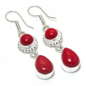 Italian Red Coral Gemstone Handmade 925 Sterling Silver Jewelry Earring 2.29 "