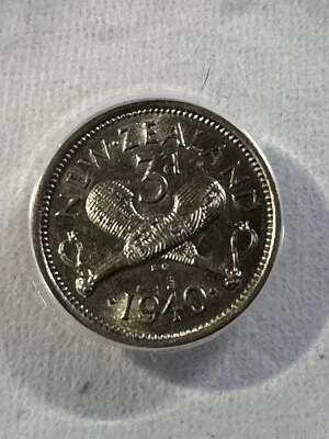 Moneda de plata de 3 peniques de Nueva Zelanda 1940 graduada AU 58 por ANACS Foto 1 de 4