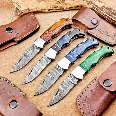 LOT OF 4 PCS! Handmade Damascus Pocket Knives – Folding Knives, W/Sheath IT-2763 - Image 1 of 4