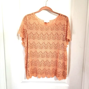 Forever 21 Scalloped Crochet Sheer Top Womens Plus Size 2X Short Sleeve Peach - Picture 1 of 13