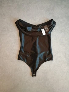Express Bodysuit Women XS Black Satin Off The Shoulder Thong Snap Back Zip NWT - Picture 1 of 6