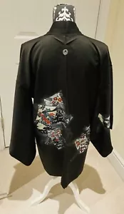 Vintage Japanese Ladies' Black Kimono Haori Jacket 'Emb. Floral Scrolls’ 12-14 - Picture 1 of 17