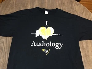 I Love Audiology Large Black T Shirt Sound Wave Science & Medicine Of Hearing - Picture 1 of 6