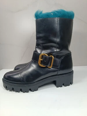 Botas de moto Prada para mujer de cuero negro con ribete de piel azul talla 38 de diseñador de lujo Foto 1 de 4