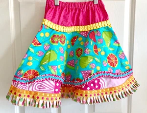Girl's skirt, handmade, size 5/6, turquoise & pink, elastic waist & ribbon trim - Picture 1 of 3