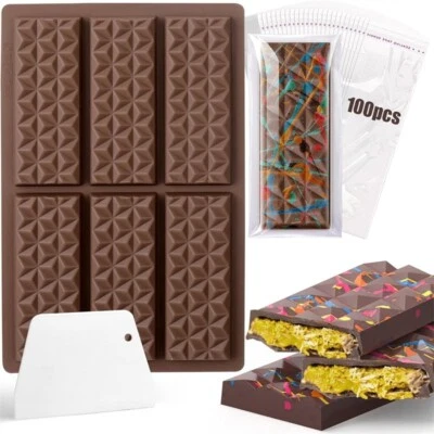 Chocolate Bar Mold Set w/100Pcs Bags &Scraper for Baking Diamond Chocolate Bar - Image 1 of 4