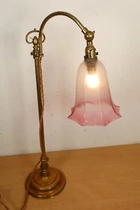 Antique Rise Fall Brass Reading Light Desk Table Lamp Cranberry Glass Shade 23" - Picture 1 of 18