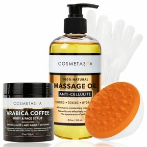 Anti Cellulite Massage Oil, Arabica Coffee Scrub, W/ Cellulite Massager & Gloves - Picture 1 of 2