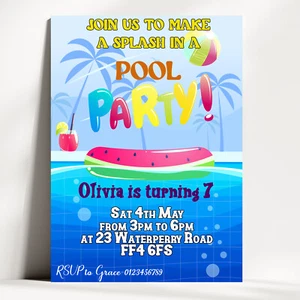 Personalised Pool Birthday Party Invitation Any Text Tropical Beach Cocktails - Picture 1 of 6