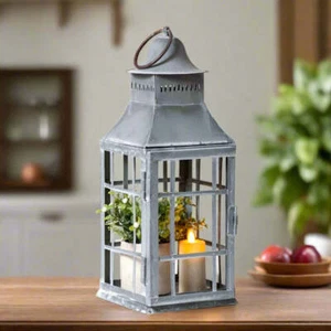 Primitive Country Centerpiece Candle Lantern in Weathered Zinc - Picture 1 of 3