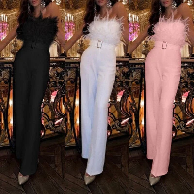 Mujeres Bandeau Pluma Esponjosa Mameluco Pantalones Noche Fiesta Mono Mono Mono EE. UU. Foto 1 de 4