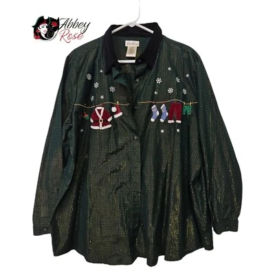 Camisa Navidad Vintage Bobbie Brooks Bordada Verde Talla 18W/20W Botón Foto 1 de 4