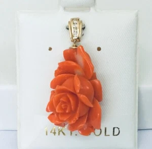 Elegant Solid 14K Gold Momo Coral Hand Carved Flower & Diamonds Pendant NEW - Picture 1 of 10
