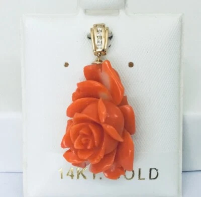 Elegant  Solid 14K Gold   Momo Coral  Hand Carved  Flower & Diamonds Pendant NEW - Image 1 of 4