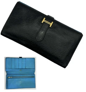HERMÈS Bearn Souffle Epsom Leather Black/light blue Bifold Long Wallet GoldMetal - Picture 1 of 22