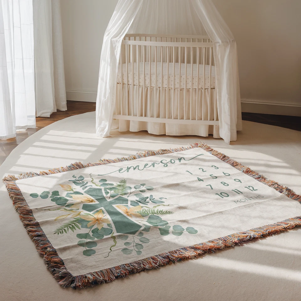 Manta de Bautizo Personalizada Hito Bebé Niña Floral Cruz Verde Foto 1 de 4