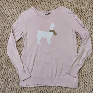 Loft Intarsia Knit Llama Sweater Size Medium Pink Crew Neck Winter Christmas - Picture 1 of 11